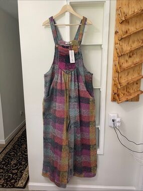 Double Take Boho Multicolored Plaid Sleeveless Wide Leg Jumpsuit Overalls XL
